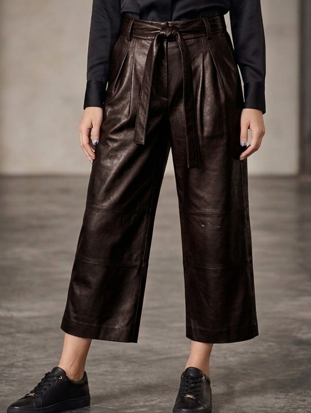 MNG Mango Faux Leather Pants Womens 6 Brown Belted Wide Leg Club Goth